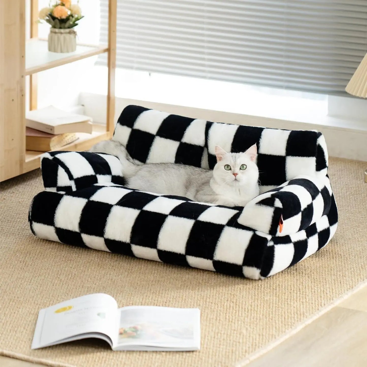 Pet Couch Bed 26×19×13 Inch Washable Cat Beds for Medium Small Dogs Cat up to 25 lbs Fluffy Cat Couch Black White